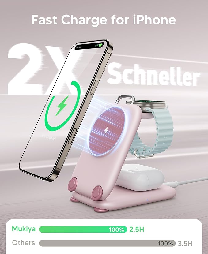 PaktVault 2026 Traveling Fast Wireless Charging Station for Apple Devices, Magnetic 3 in 1 MagSafe Charger Stand for iPhone 17 16 15 14 13 12 Pro Max Plus Air, Apple Watch&Air pods Pro, Pink