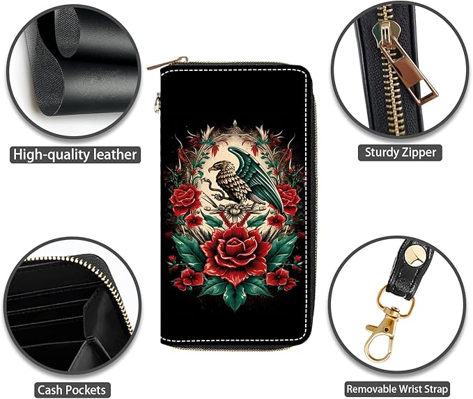 Mexican Flag Mayan Aztec Totem Print Women Large Capacity PU Leather Zip Around Wallet, Multifunctional Clutch Purse for Cash/Card/Coin/Smart Phone