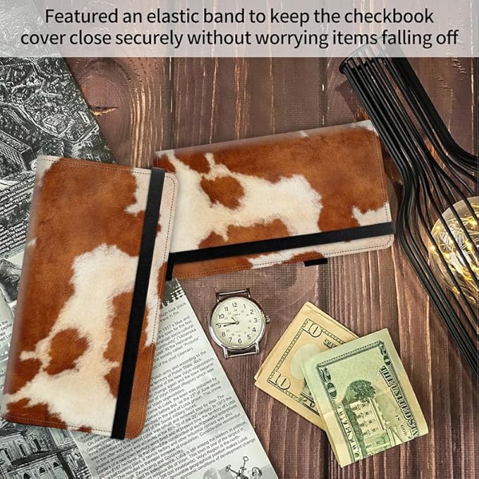 FUYOCWE Checkbook Cover for Men Women Check book Covers Holder for Personal Checkbook Register Duplicate Checks,RFID Blocking Leather Checkbook Wallets w/Elastic Strap-Cow Hide Animal Print Brown