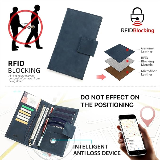 CONTACTS Full Grain Leather Family Passport Holder for 4 RFID Blocking Passport Wallet Compatible with Airtag Passport Cover with 4 Passport Slot, 6 Card Slot (Blue)