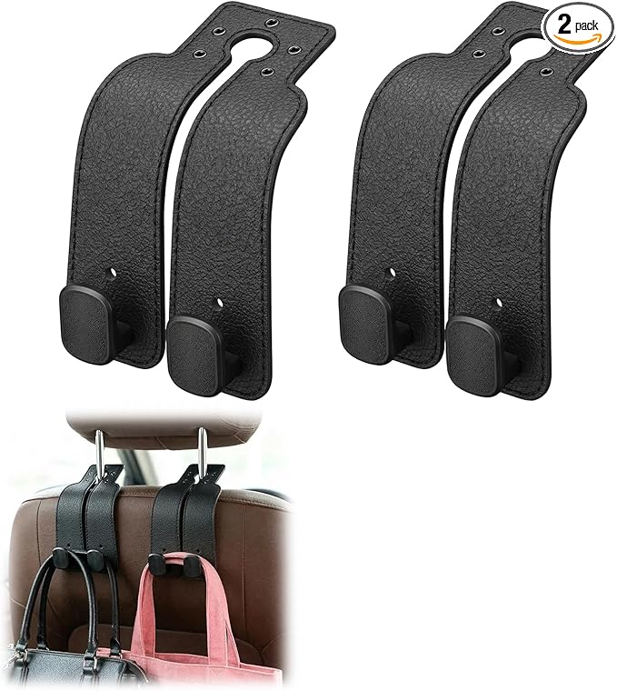 2Pcs Headrest Hooks for Car, Car Purse Hook, Double Leather Car Seat Back Storage Hook for Handbags Purses Bags (Black)
