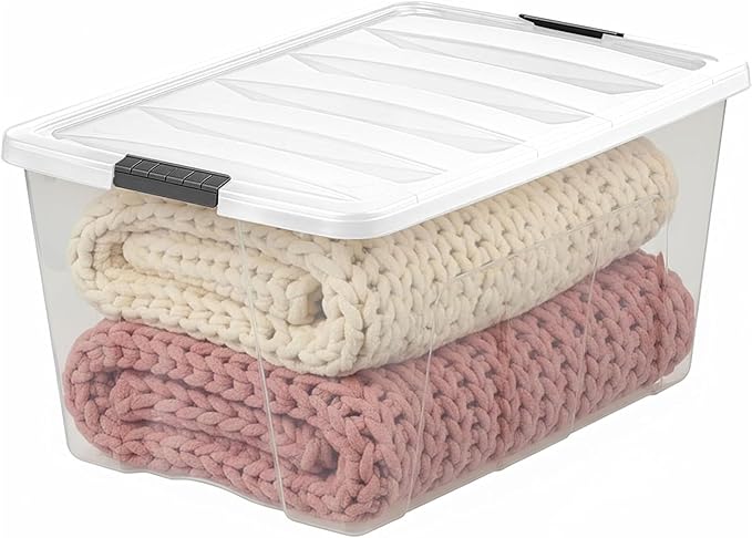 IRIS USA 94 Qt Stackable Plastic Storage Bins with Lids, 8 Pack - BPA-Free, Made in USA - See-Through Organizing Solution, Latches, Durable Nestable Containers, Secure Pull Handle - Clear/White