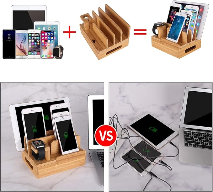 Bamboo Wood Multi-Device Desktop Charging Dock Station Charger Holder Cradle Charge Stand Compatible iPhone 16 15 14 13 Pro Max iPad Mini Pro Air Apple Watch Ulrta 10 9 8 7 6 5 4 3 2 iWatch Smartphone