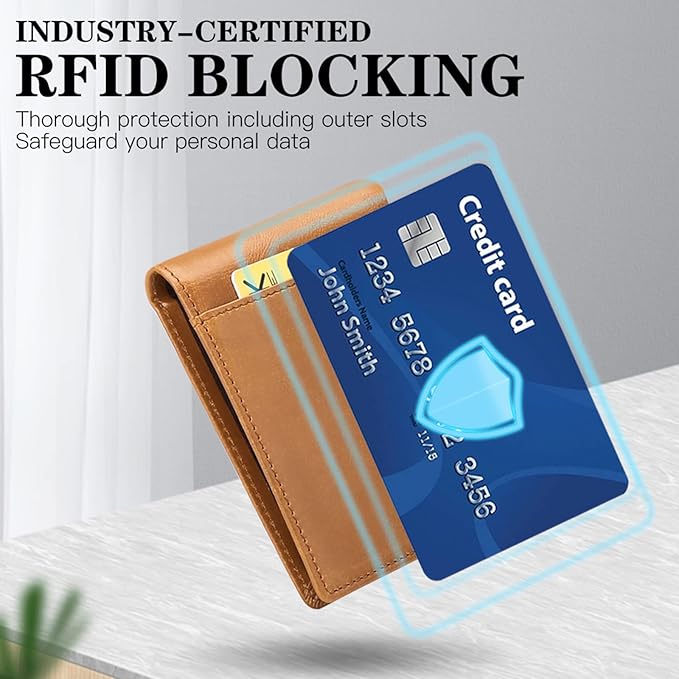 FALAN MULE Wallet for Men Genuine Leather RFID Blocking Bifold Wallet With 2 ID Windows (Khaki)