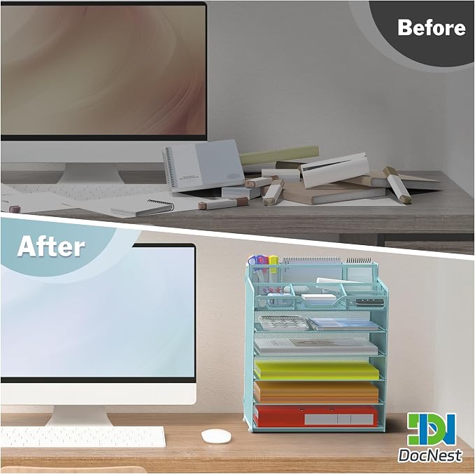 Docnest 6 Tier Mesh Desk Organizer for Paper Office Supplies – Multi-Functional Letter Tray with 5 Adjustable Compartments, 7 Pen Holders, Desktop Storage for Files, Mail, Stationery – Blue