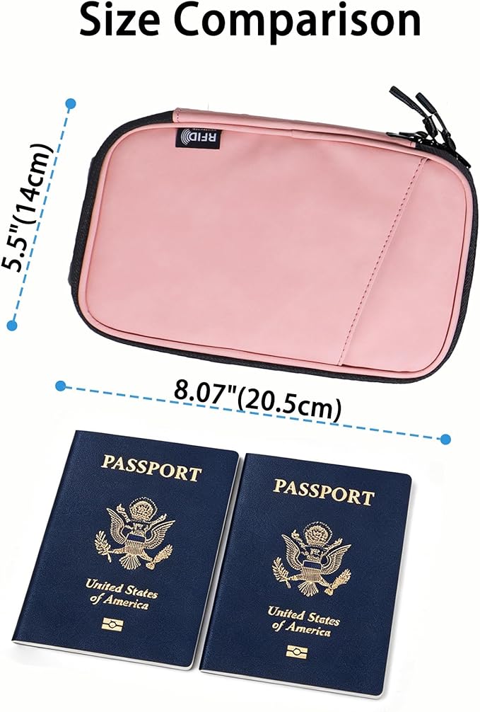 family passport holder for 4 multiple passport bag for travel passport cover rfid blocking for women waterproof wallet with zipper airtag passport case for men (pink with faint patterns)