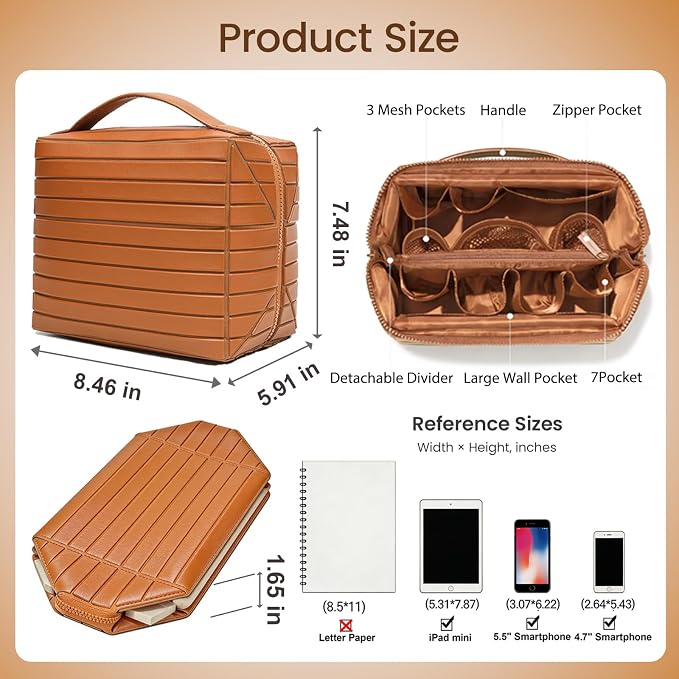 Fold Down Standing Makeup Bag – Large Travel Toiletry Organizer (Brown) | Parallel design, waterproof PVC, stands upright or folds flat. Full-size cosmetics & Toiletries. Ideal for travel, gym, home.