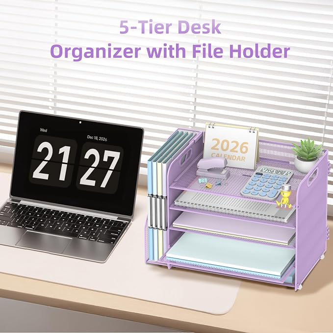 SUPEASY 5-Tier Desk Organizer with File Holder, Desk Organizers and Accessories, Paper Organizer for Desk, Mesh Desktop File Organizer, Workspace Organizers for Office School Home, Purple
