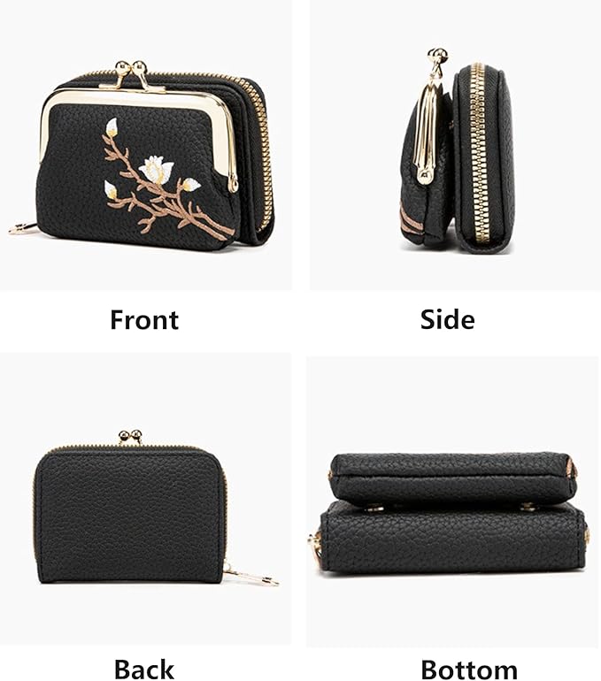 Women's Pebble Leather Wallet, 2-in-1 Zip-Around Credit Card Holder with Kiss Lock Coin Purse, Cute Change Purse with Secure Clasp & Card Slots (Black, Small)