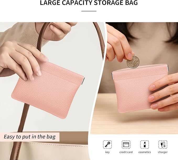Genuine Leather Squeeze Coin Purse Pouch Change Holder For Men & Women Mini Change Purse Pouch for Pocket, Small Pouch Credit Card Key Headset Lipstick Holder (Pink)