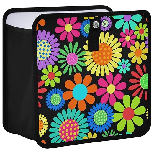 Hippie Flower Car Trash Can Foldable Hanging Car Trash Bag Bin Floral Daisy Colorful Auto Garbage Can Leak-Proof Car Organizer(Large)