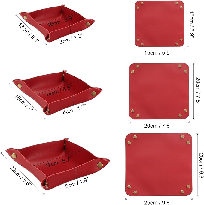 uxcell 3 Pack PU Leather Tray, Jewelry Tray for Women and Men, Glossy Leather Desk Organizer Portable Catchall Tray for Jewelry Key Coin Watch Wallet, Red