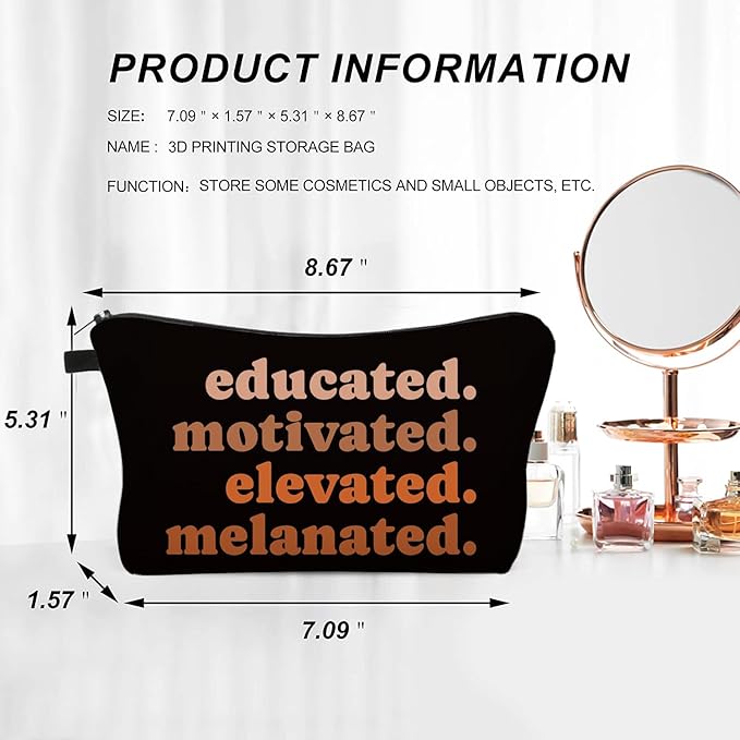 Educated, Motivated, Elevated, Melanated African American Makeup Bag – Stylish Cosmetic Pouch for Women, Black Empowerment Gift for Her, Inspirational Travel Organizer, Unique Gift for Black Women