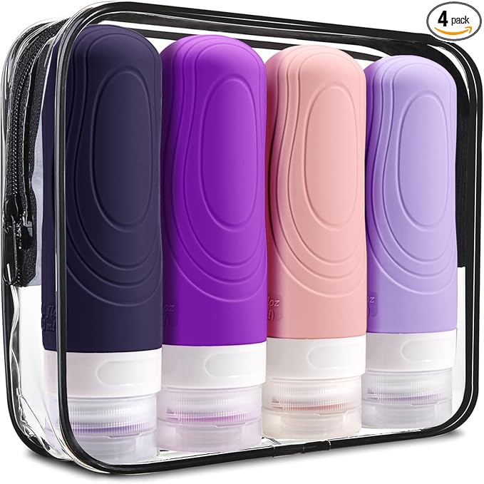 GLAMFIELDS Travel Bottles for Toiletries TSA Approved, 3oz Size Leak Proof Silicone Travel Containers for Shampoo, Lotion,Easy to Squeeze Portable, Essentials for Traveling (4 Pack) Purple