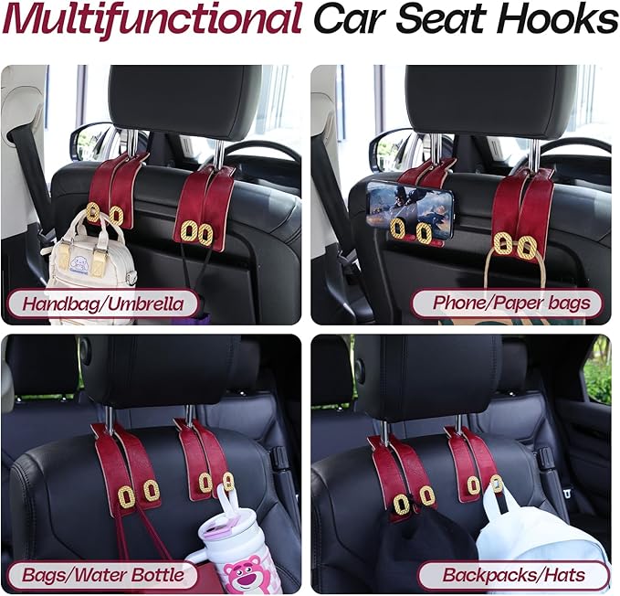 Car Headrest Hooks Universal Car Purse Twin Hook Premium Red Leather and Golden Alloy Seat Back Storage Hanger for Purse Bags Cloth Drink Durable Holder Automotive Accessories