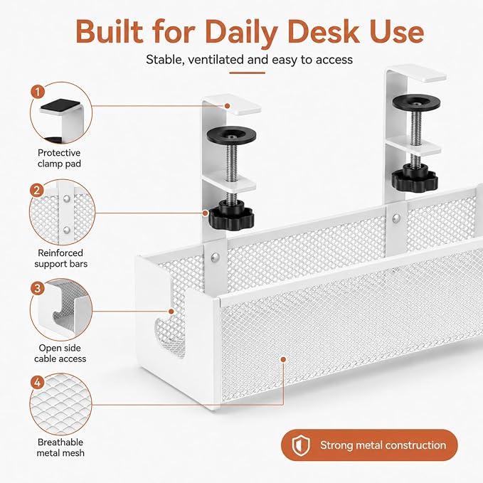 Adjustable No-Drill Under-Desk Cable Organizer Clamp On Metal Mesh Tray Cord Wire Management Basket Power Strip Holder Rack for Home Office Computer Standing Desk Accessories(Black,Large)