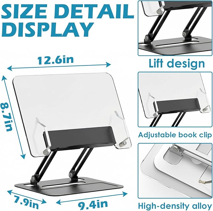 Acrylic Adjustable Book Stand, Reading Stand with Lift Design, High-Density Alloy Desktop Document Holder for Document Recipe, Cookbook, Music Book (Black)