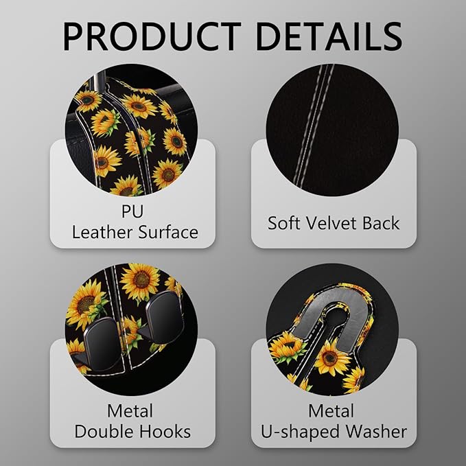 Blusabaca 2PCS Car Seat Back Storage Headrest Hooks, Sunflower Purse Holder Bags Hanger, PU Leather Double Metal Hook for Backseat Organizer, Women Car Accessories Organization