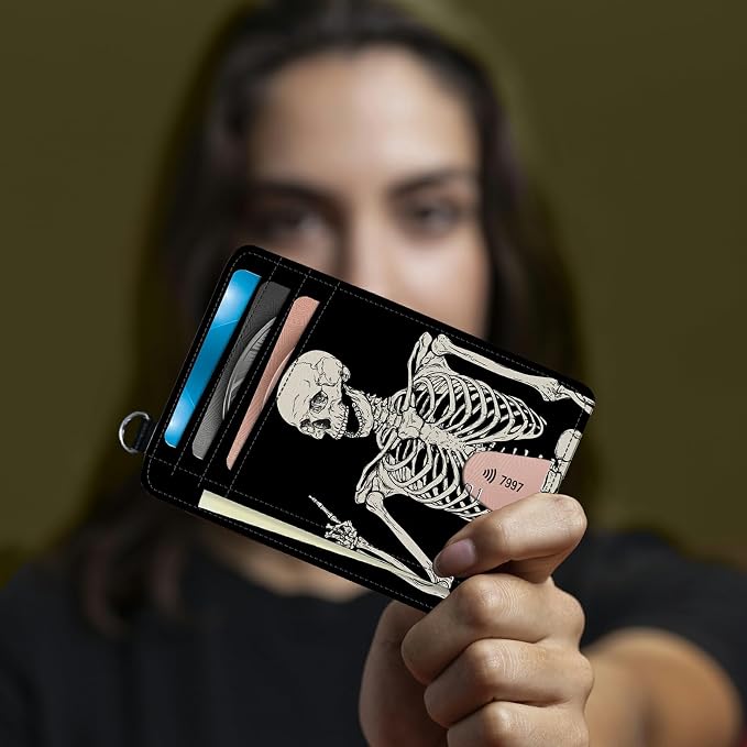 Small Travel Wallets, Skull Skeleton Slim Minimalist Front Pocket Wallet with Wristlet, RFID Blocking PU Leather Credit Card Holder with ID Window Change Purse for Men Women