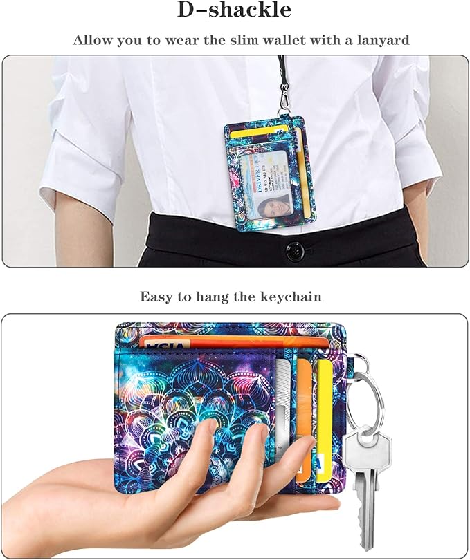 Coco Rossi Slim Front Pocket Wallet RFID Blocking Minimalist Credit Card Holder Wallet with D-Shackle for Women,Mandala