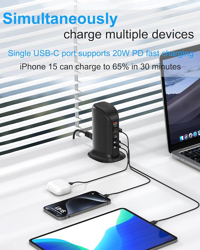 Charging Station for Multiple Devices: 5 USB Ports Wall Charger Block with Extension Cord, PD 20W Fast Charging Hub Charger Tower for iPhone iPad Tablets Smartphones, Home Office Use (Black)