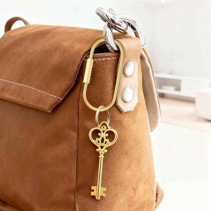 2Pcs Gold Brass Key Rings, Gold Carabiner with 10 O-Rings, Brass Screw Lock Keychain Clip for Keys Purse Bag Charms for Handbags