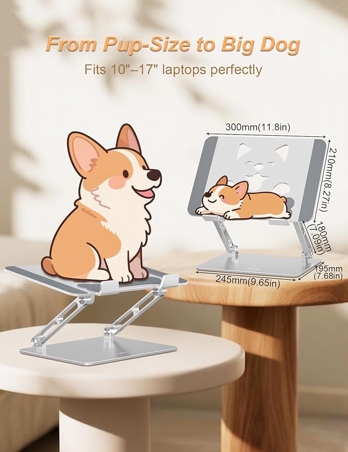 Laptop Stand for Desk-Adjustable, Foldable, Portable, Ergonomic Aluminum Notebook Riser with Unique Puppy Cooling Vent, Desk Gift for 10-17.3" Devices Mac, Dell, HP, Lenovo, Samsung, Silver
