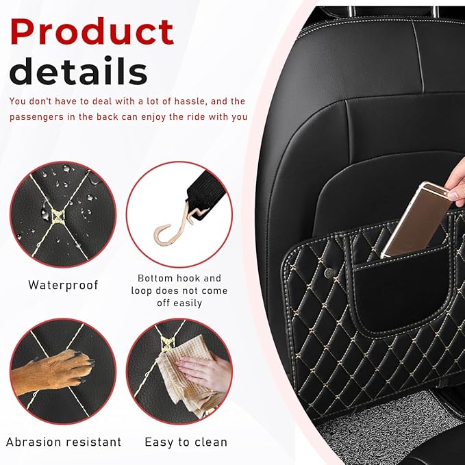 2 PCS Car Kick Mats, Leather Back Seat Protector with Storage Bag, Waterproof Automotive Backseat Cover Pad Prevent Kids Dirt Mud and Scratch, Interior Car Accessories(Black & Beige)