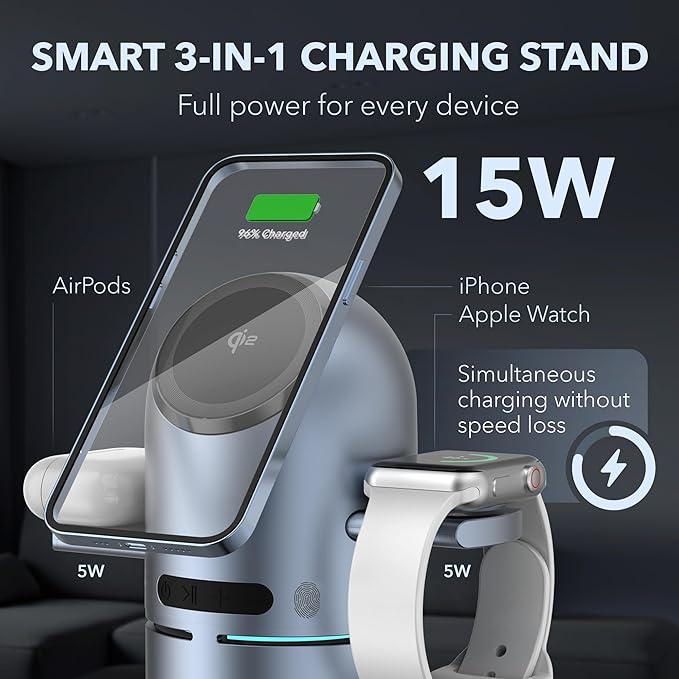 3 in 1 Mag-Safe Charging Station with Bluetooth Speaker, Auto-Rotating Magnetic Stand, 15W Qi2 Fast Wireless Charger for iPhone 17/16/15/14/13/12, Apple Watch, AirPods, 30W USB-C Adapter