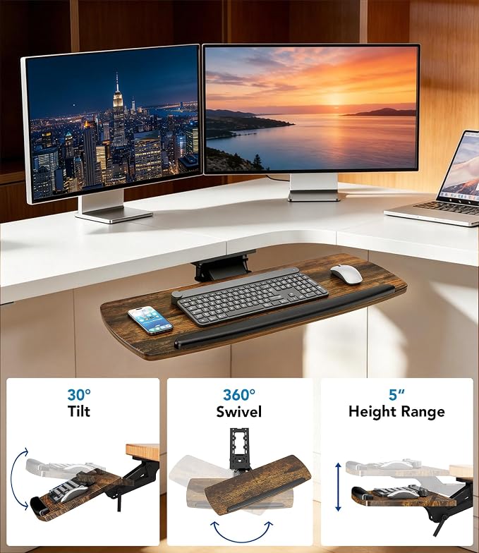 Keyboard Tray Under Desk with Storage Drawer, Height Adjustable Keyboard Tray Slide Out 360° Swivel Tilt, Ergonomic Under Desk Mount Keyboard & Mouse Holder for Gaming Home Office, 28''x11'' Vintage