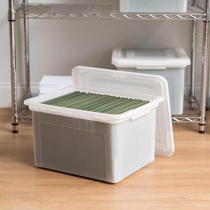 IRIS USA File Box, Plastic File Organizer with Lids for Letter/Legal File, Portable Document Box For Moving, Storage Bin with Durable and Secure Lid, Stackable Nestable BPA-Free, Pearl 35 Qt. 8 Pack