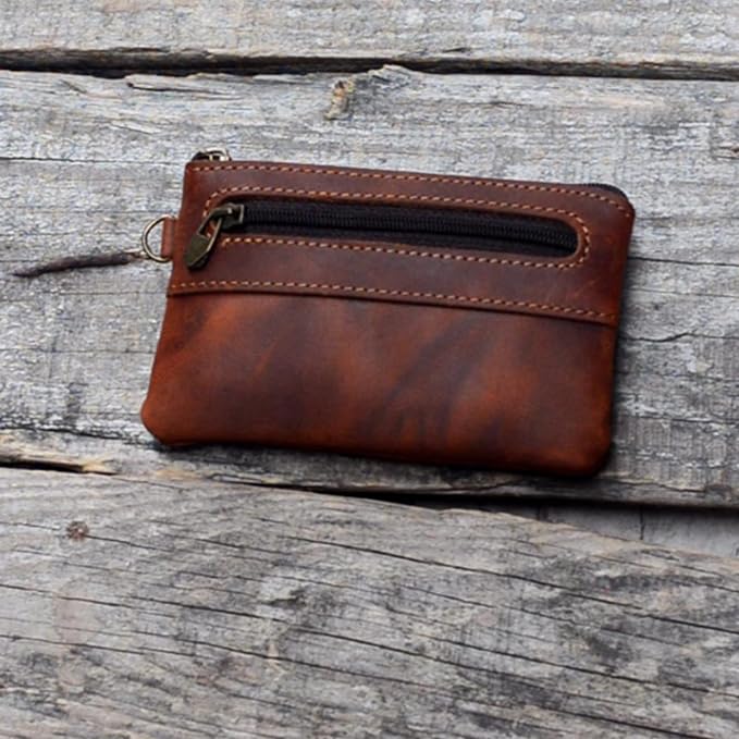 JJNUSA Genuine Leather Zipper Coin Purse for Men, Credit Card Case Holder, Mens Tray Purses Coin Purse Cash Change Wallet Car Smart Holder Money Pouch Brown