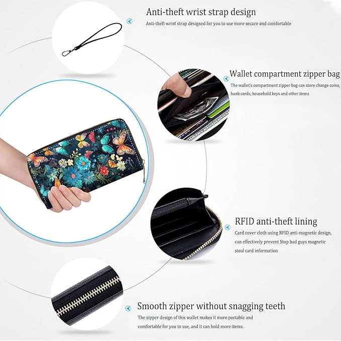 Bxgolkgd Womens Wallet, RFID Blocking Leather Wallet,Large Capacity Wallet Credit Card Holder PU Leather Ladies Clutch with Zipper Coin Pocket - Flower Butterfly
