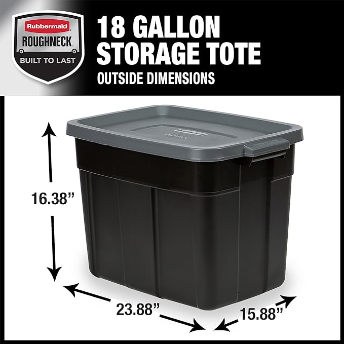 Rubbermaid 18 GAL 6 Pack Garage Storage Bins with Stackable Lid, Heavy Duty - Made in USA - Extreme Temperature Resistant, Durable Plastic Containers with Handles - Solid Black and Grey