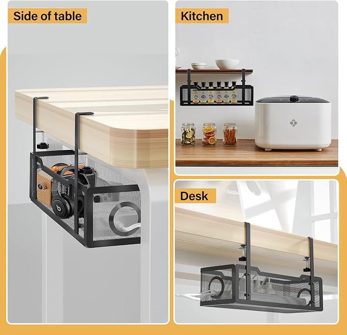 Under Desk Cable Management Tray, Heavy Duty Steel Wire Cord Organizer 13.4 Ich for Computer Desk, No Drill Adhesive or Screw Mount Options, Power Strip Holder for Home | Office | Shop (Black)
