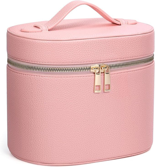 Makeup Bag Vanity Case for Women Leather Cosmetic Bag Makeup Organizer Case Portable Travel Toiletry Bag With Removable Compartments and Handle - Pink