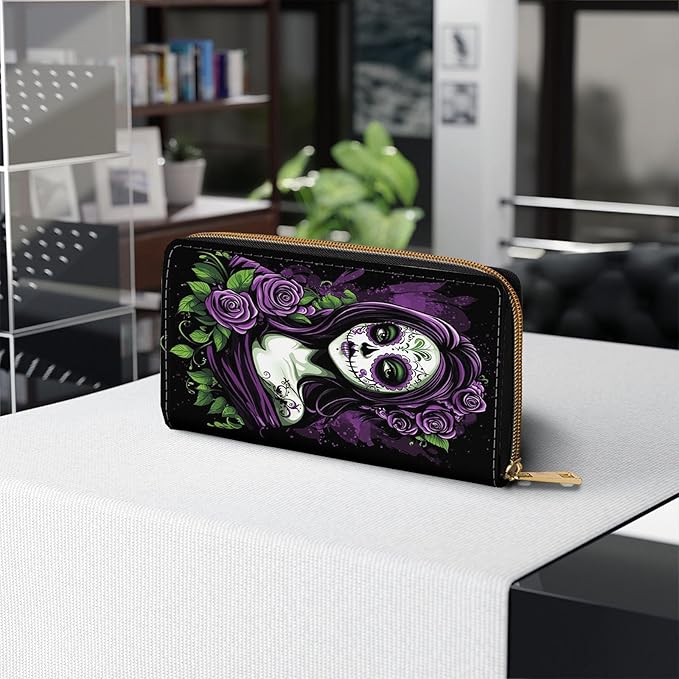 Womens Wallet,RFID Blocking Large Capacity Clutch,Zip Around Leather Purse with 8 Card Slots,Bill Compartments Coin Pocket - Day of the Dead Sugar Skull Women