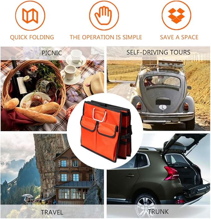 Car Trunk Organizer Collapsible Portable Multi Compartments Organizer with Non Slip Straps for SUV Truck Auto Vehicle Car Auto Minivan (Large without cover, Orange)
