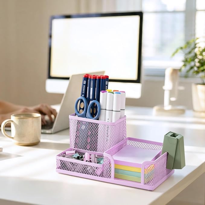 M&G Mesh Pen Holder Desk Organizers Pencil Holder for Desk Purple, 3 Compartments Metal Office Supply Organizer with Sticky Notes Holder for Home Office