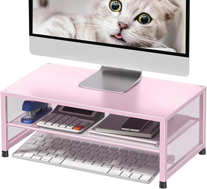 ECOLOVI 2-Tier Computer Monitor Stand Riser, Desk Organizer for Monitor, Printer & Laptop Stand, Desktop Workspace Organizers for Office Supplies(Pink)