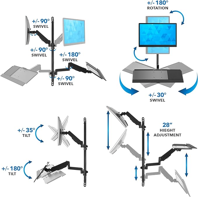 Mount-It! Single Monitor Arm Wall Mount Workstation with Keyboard Tray & CPU Holder, Height Adjustable Gas Spring Full Motion Computer Station, Fits 17??2??VESA 75x75 100x100, Black