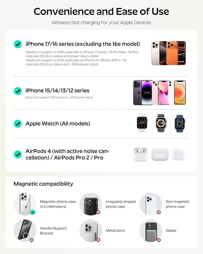 Doge&Vollar 3 in 1 Qi2.2 25W MagSafe Wireless Charging Station, Foldable Charger Stand for iPhone 17 16 Pro Max, Apple Watch & AirPods, Fast Low-Heat Desk Travel Charger with 45W Adapter, Aluminum