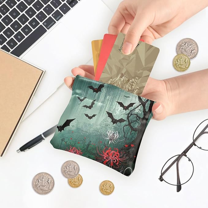 Bats Women's Waterproof PU Leather Coin Purse, Slim Travel Wallet with Zipper - Compact Card Holder & Jewelry Organizer for Cash, Keys, Lipstick