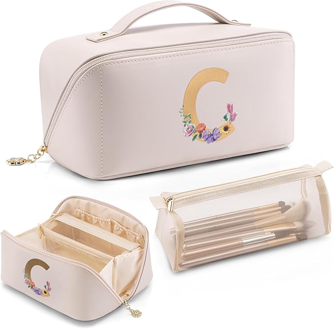 VLANDO Bridal Shower Gifts,Initial Makeup Bags,Mothers Day Gifts for Mom Birthday Gifts for Women Girls Personalized Gifts for Wife Thanks Gift(Letter C)