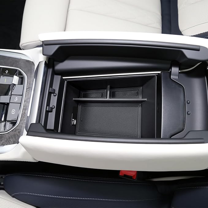 HGWEI Center Console Organizer Compatible with BMW X5/G05 X7/G07 2019-2026, X6/G06 2020-2026 Armrest Storage Box Insert Tray with Rubber Mat, Black