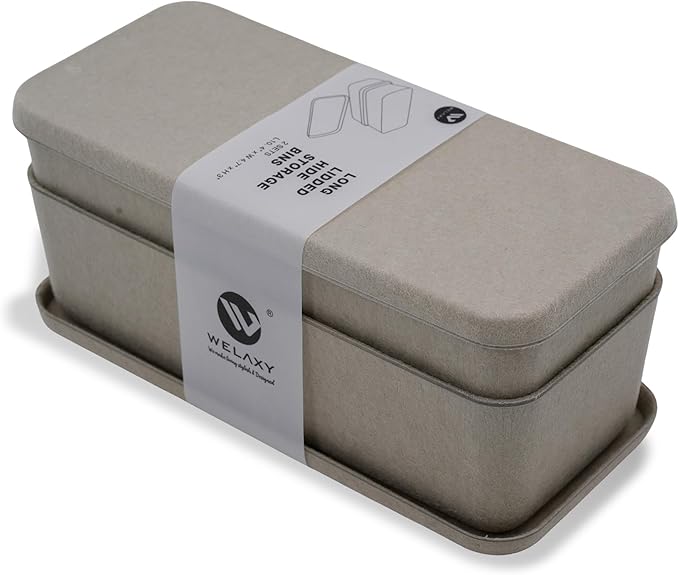 Welaxy stackable Lidded drawer organizer bins long shape storage box with lid for junk makeup stationery pens 2-piece pack (Stone)