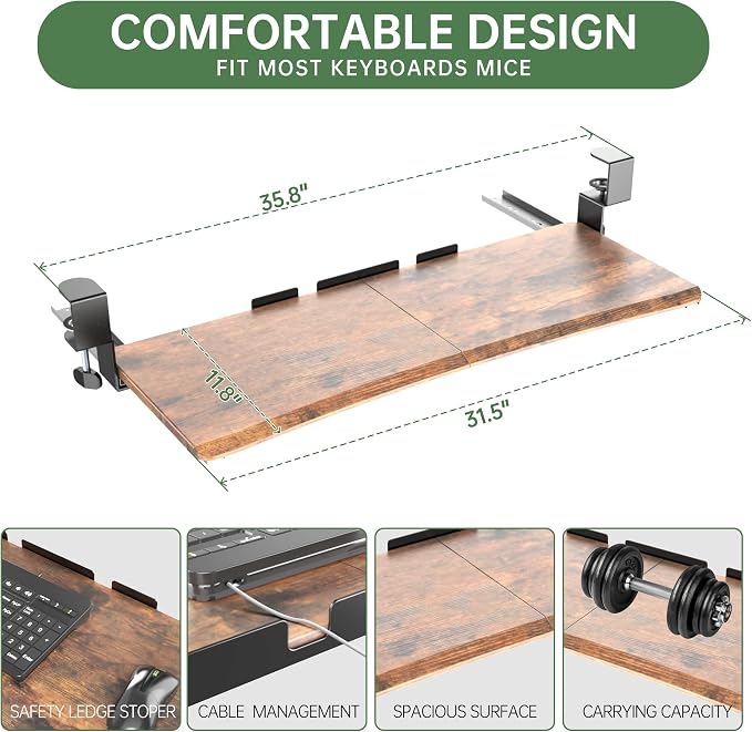 UPGRAVITY Extra Large Keyboard Tray Under Desk - Slide Out with Sturdy C-Clip Mount System, Extra Wide 31.5" (35.8" Including Clamps) x 11.8" Pull-Out Keyboard Computer Drawer, Rustic Vintage Brown