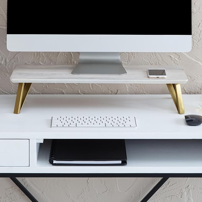 Anji Mountain Monitor Stand - Desktop Organizer & Laptop Riser, Ergonomic Monitor Riser, Space-Saving Monitor Stand for Desk, Durable Construction, Easy Assembly, Ideal for Home & Office,White Wash