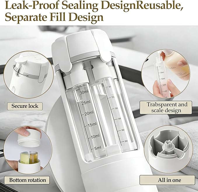 4 in 1 Travel Dispenser Bottle Travel Bottle Dispenser for Toiletries TSA Approved Leakproof with 4 Pack 30Ml Travel Size Pump Bottles & Labels, Suitable for Lotion Shampoo Conditioner Cream