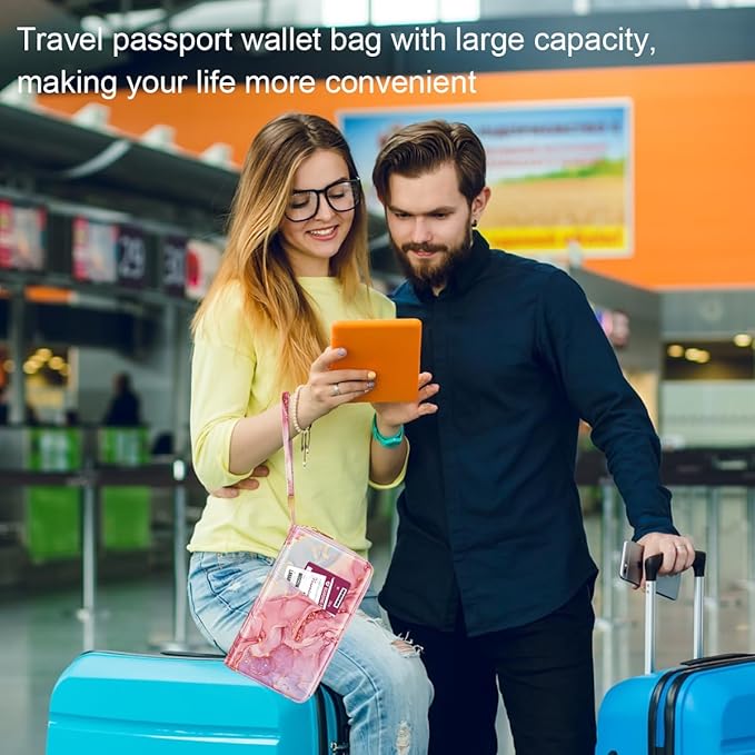 Family Passport Holder Wallet RFID Blocking Document Organizer PU Leather Mulit-purpose Travel Wallet Credit Cards Case for Women Men,Red Marble